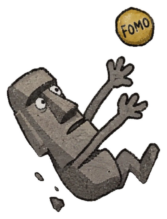 Fomo Moai tumbling backward, arms reaching for a falling FOMO coin