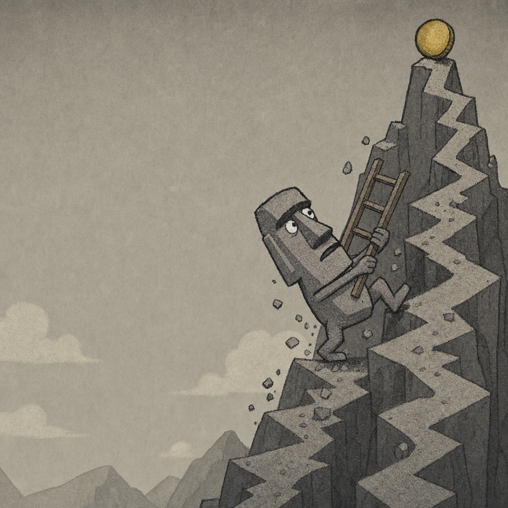 Fomo Moai climbing a jagged peak with a ladder toward a golden coin at the summit